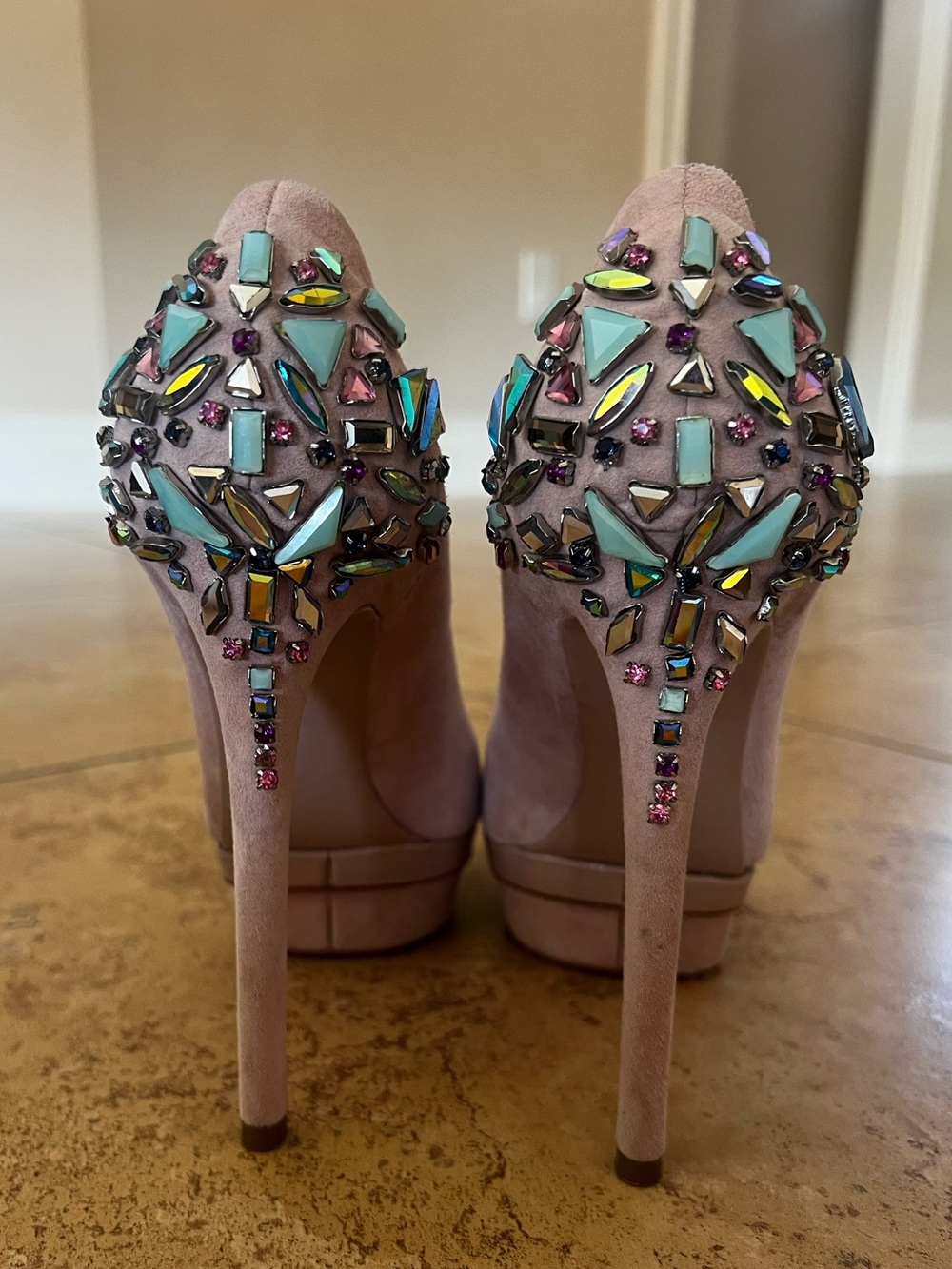 Embellished Pink Suede Stiletto Heels - Women